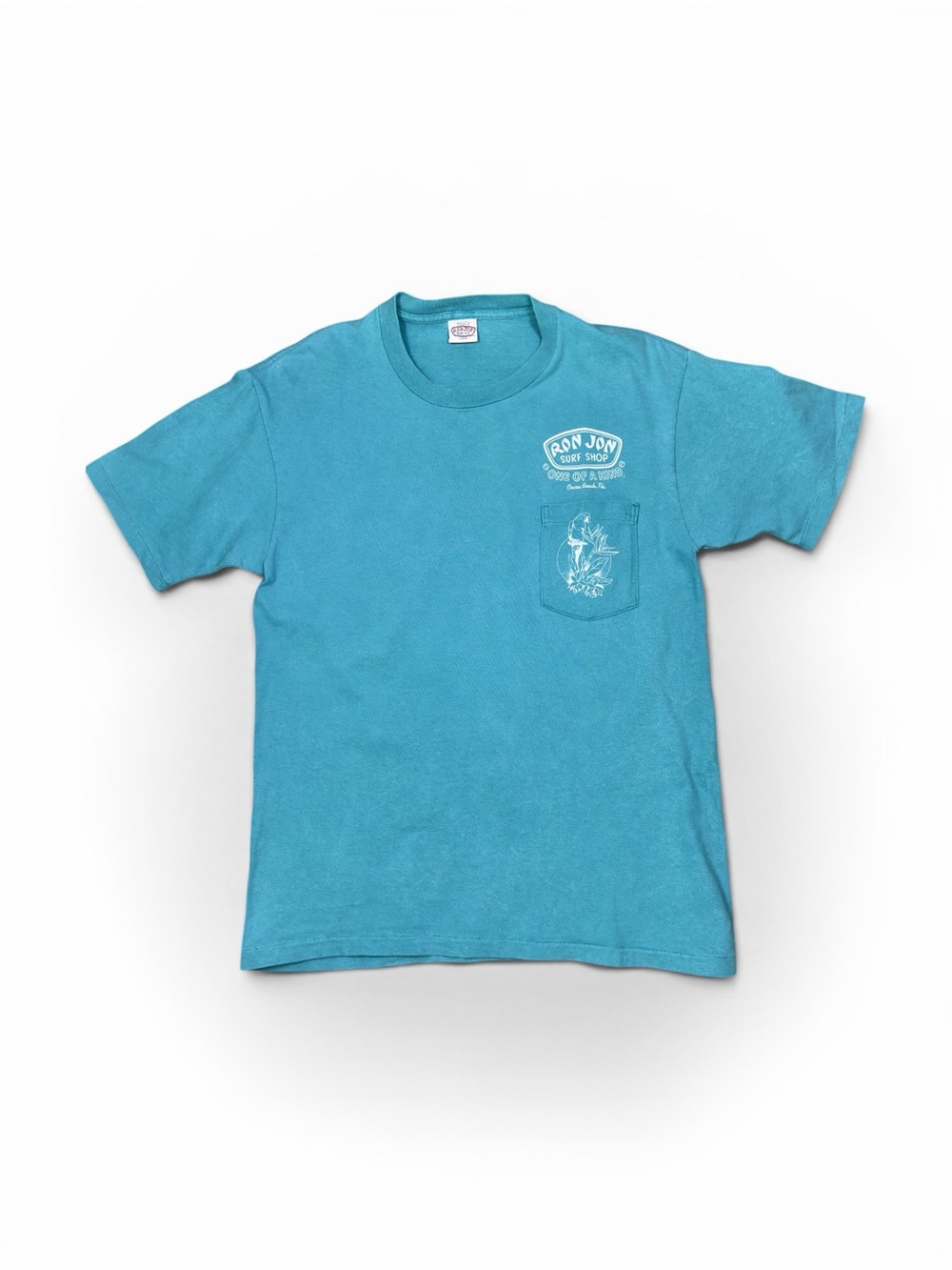Vintage 1989 Ron Jon Surf Shop Turquoise Pocket T-Shirt- Single Stitch